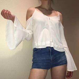 Flowy White Cold-Shoulder Top with Bell Sleeves